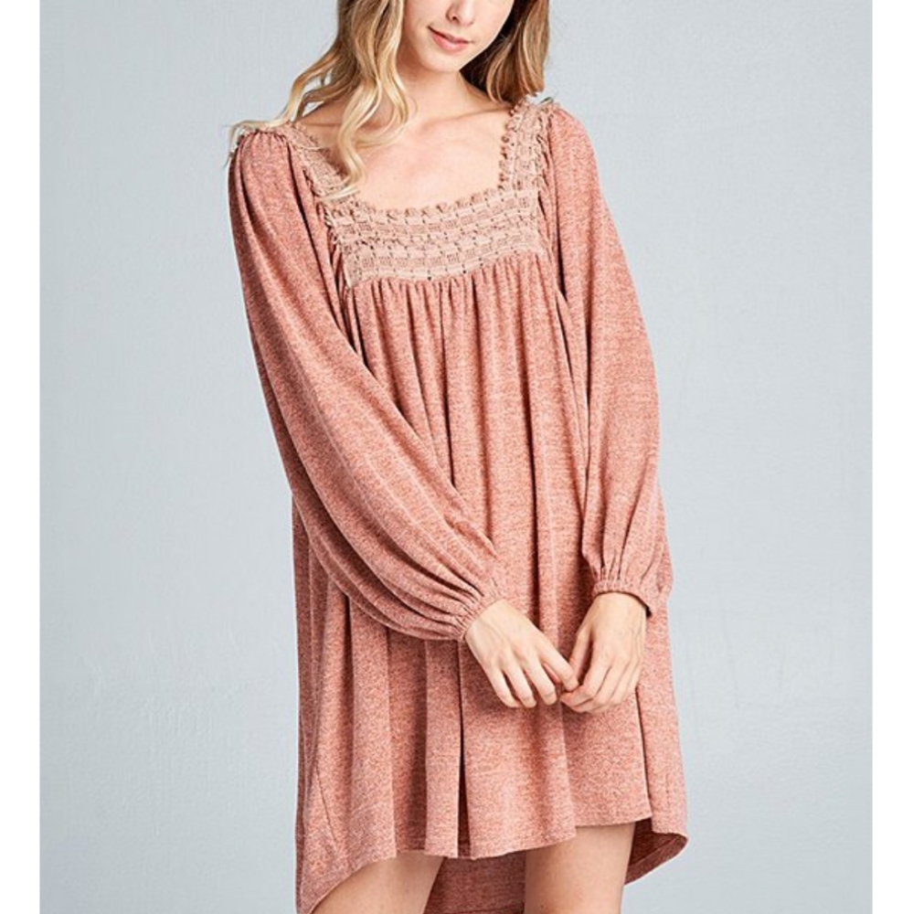 Peach Crochet Square Neck Longsleeve Dress